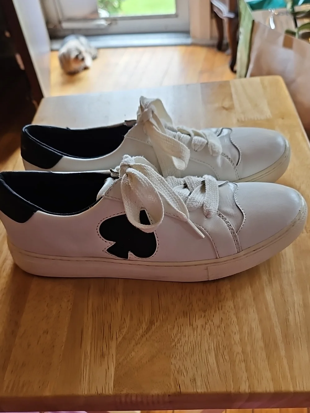 kate spade Fez Leather White Lace-Up Sneakers with Black Spade Accent
